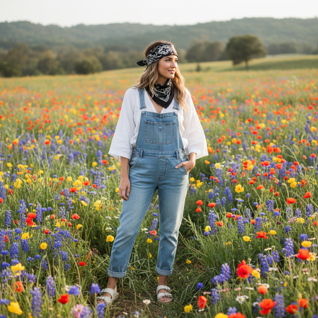 Woman wearing black paisley scarf in spring wildflower field
