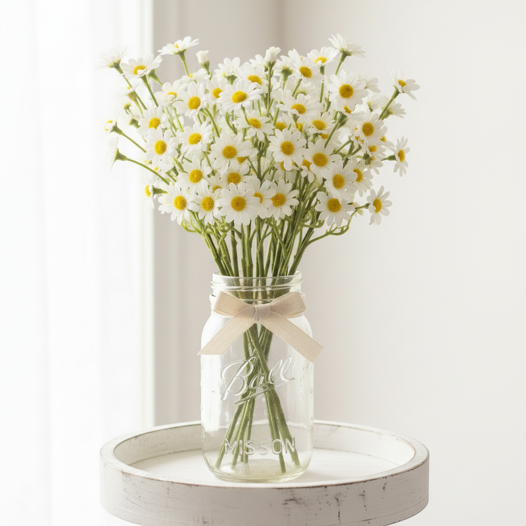 Set of 6 artificial white daisy spray stems with yellow centers densely arranged in a rustic mason jar on a farmhouse tiered tray with linen ribbon accent