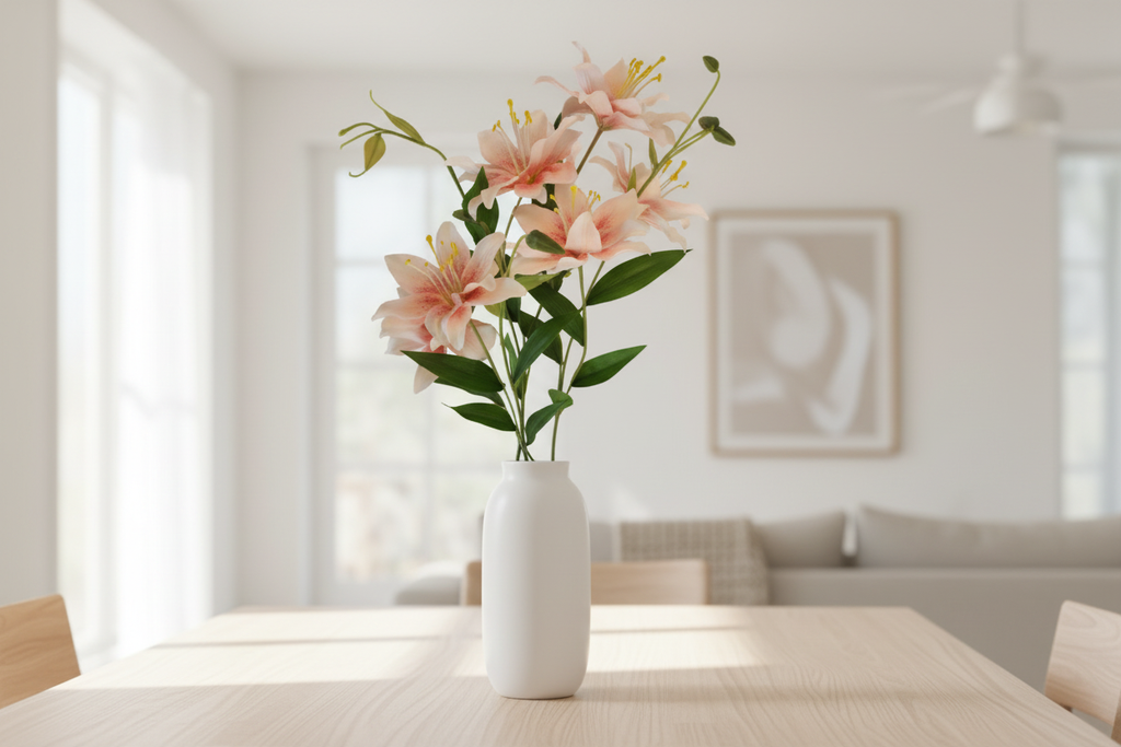 Peach coral lily stems in modern white ceramic vase on light wood dining table, warm romantic organic modern home decor