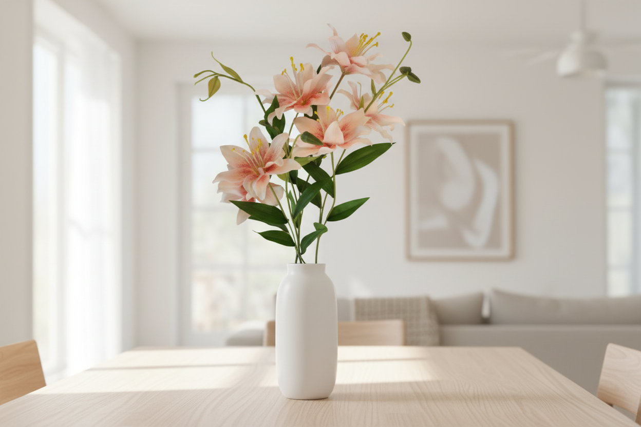 Peach coral lily stems in modern white ceramic vase on light wood dining table, warm romantic organic modern home decor