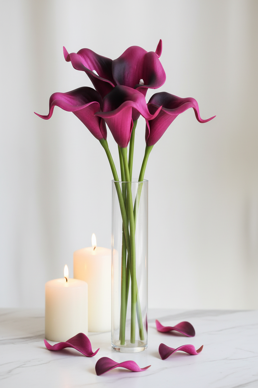 Plum purple calla lily stems with bright magenta interior petals arranged in tall clear glass vase on white marble with candles - elegant lifestyle decor