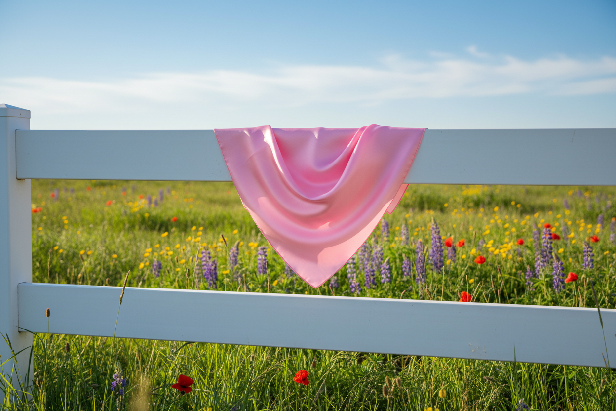 Light pink wild rag draped on white picket fence with spring wildflowers and green grass