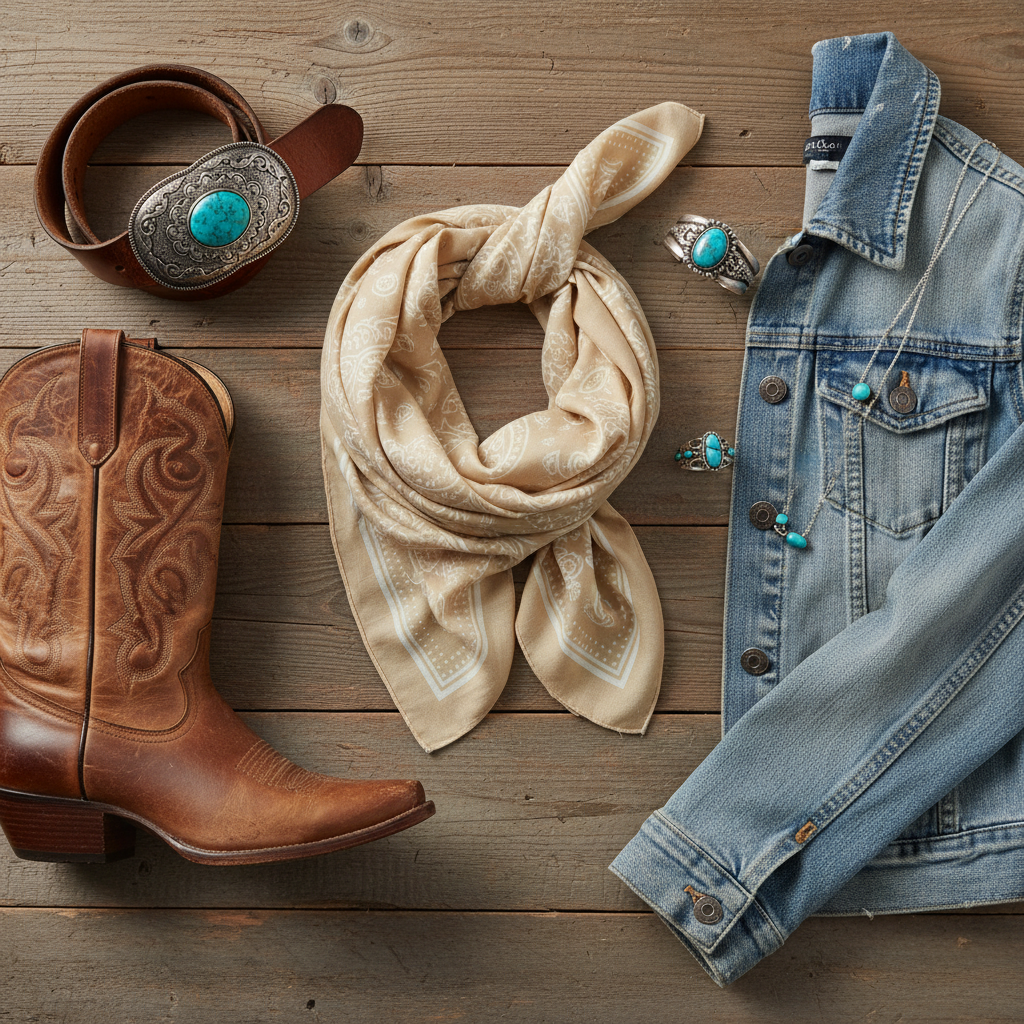 Flat lay of beige paisley scarf with western boots belt jewelry denim