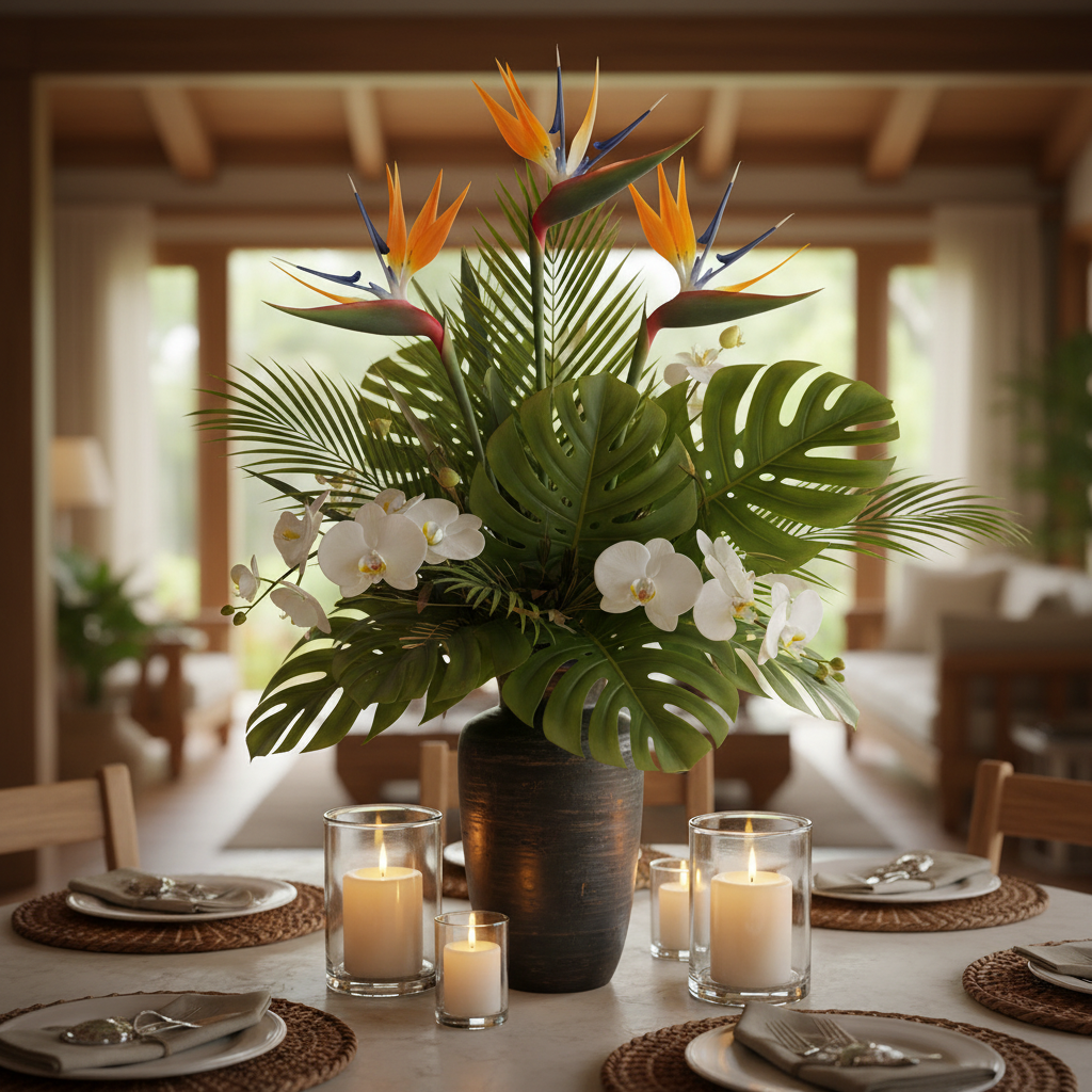 Three faux Bird of Paradise stems as a bold tropical dining table centerpiece in a tall dark vase with monstera leaves, white orchids, woven placemats and candles