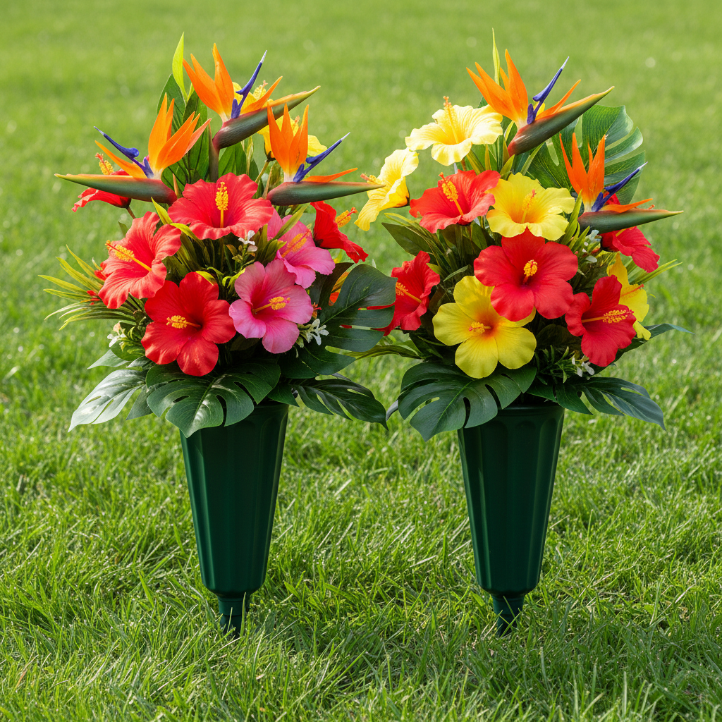 Set of 2 green cemetery flower vases with ground spikes holding tropical hibiscus and bird of paradise artificial flowers in grass