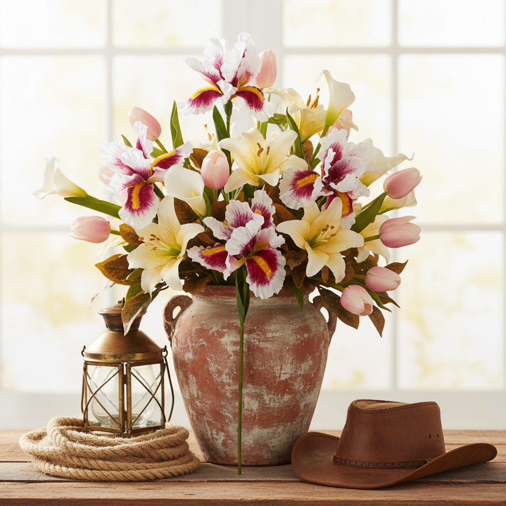 Faux white iris flower stems with pink and yellow accents tucked into a lush western-style mixed arrangement with pink tulips, white calla lilies and yellow lilies in a rustic terracotta vase