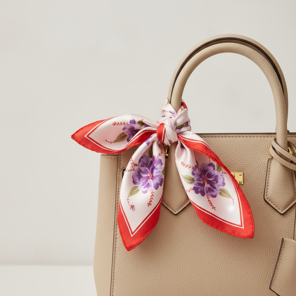 Red pink floral satin scarf tied to handbag as decorative bag charm