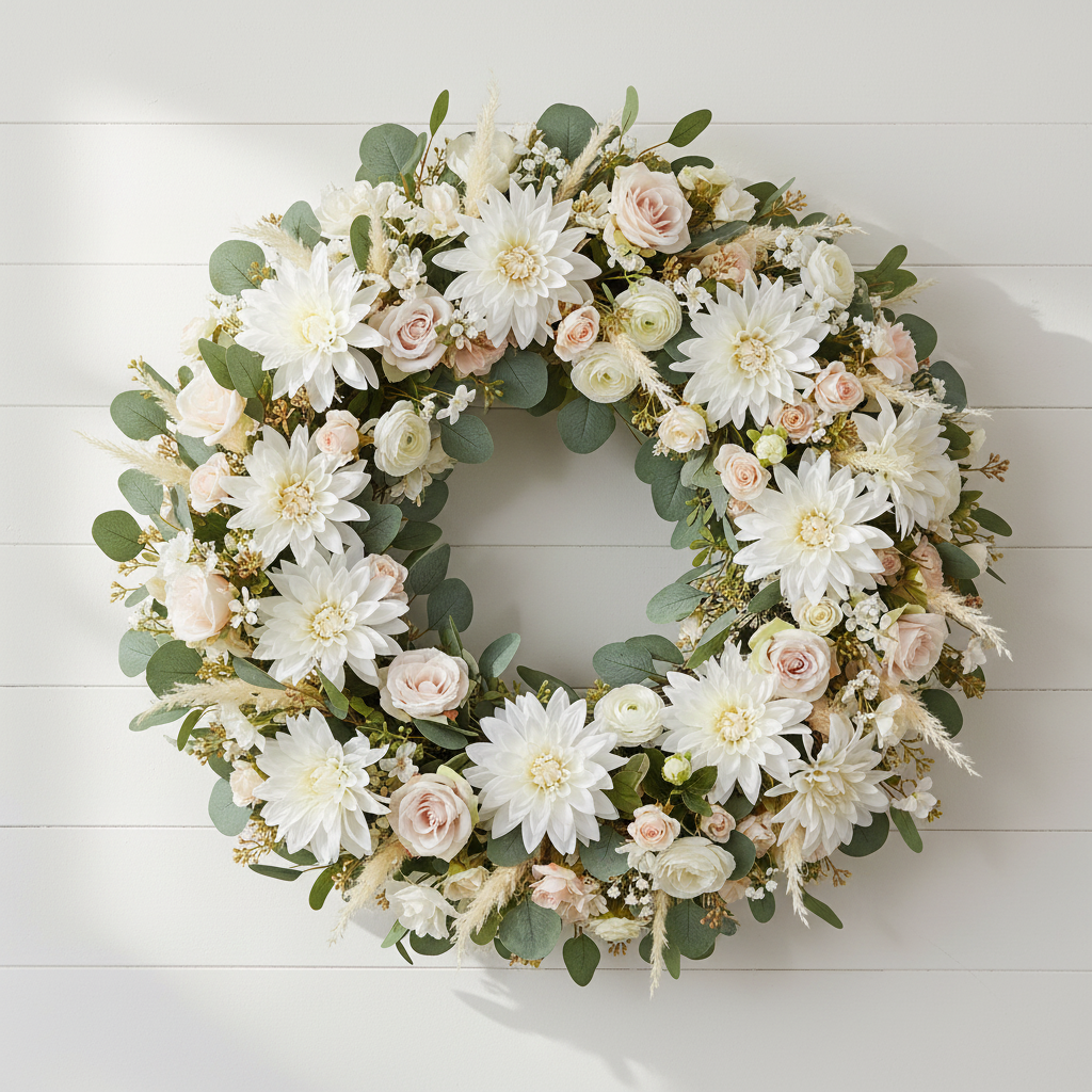 Round farmhouse wreath with white dahlia blooms, blush roses, cream ranunculus and pampas grass on white shiplap wall