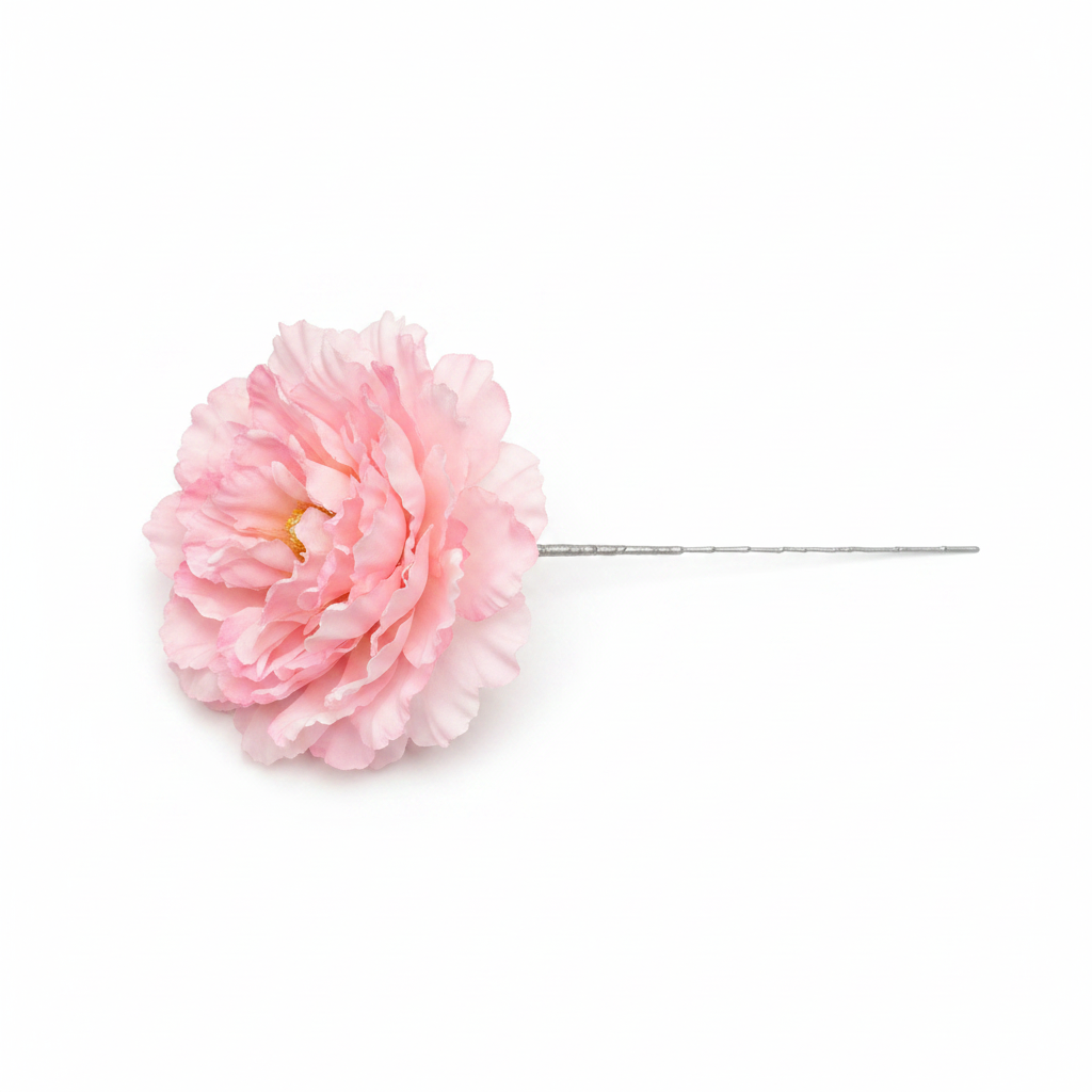 Single blush pink peony flower pick flat lay — soft pink ruffled bloom on wire stem, white background