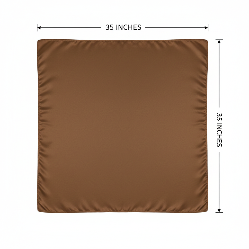 Saddle brown wild rag scarf measurement diagram showing 35 inches by 35 inches dimensions