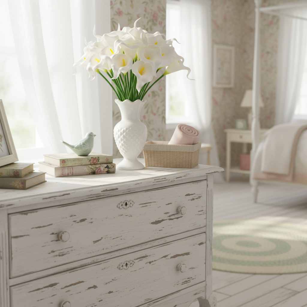 White faux calla lily stems in vintage milk glass vase on shabby chic dresser, romantic cottage farmhouse decor