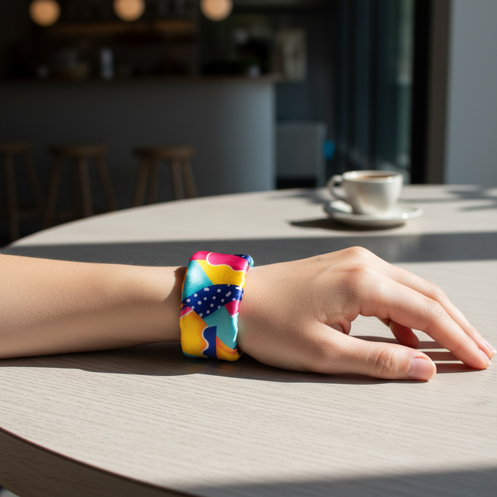Retro Geometric Satin Scarf Wrapped as Wrist Wrap Bracelet 20x20 Square Scarf Multicolor