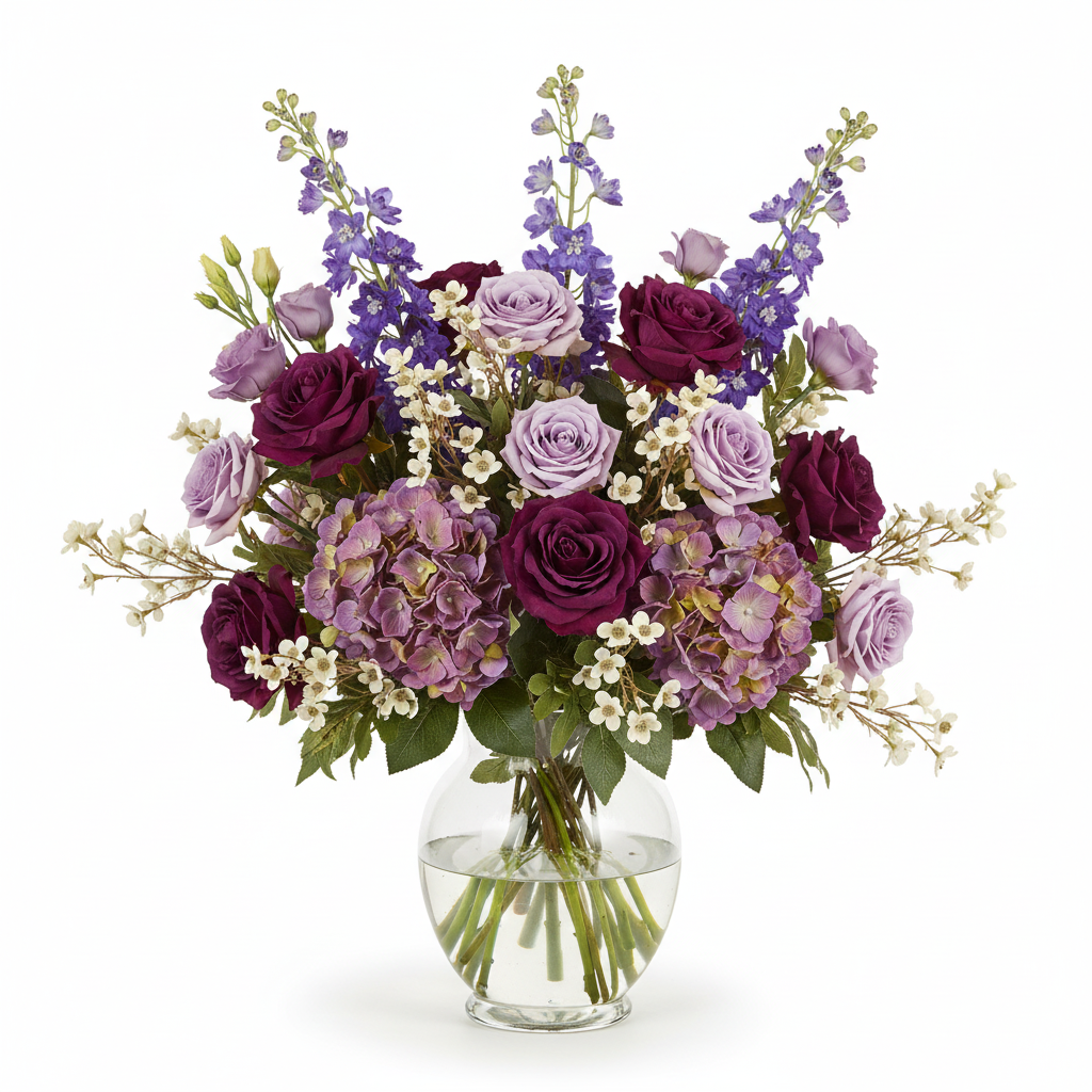 Artificial dogwood stems as filler flower in purple and lavender professional floral arrangement in clear vase