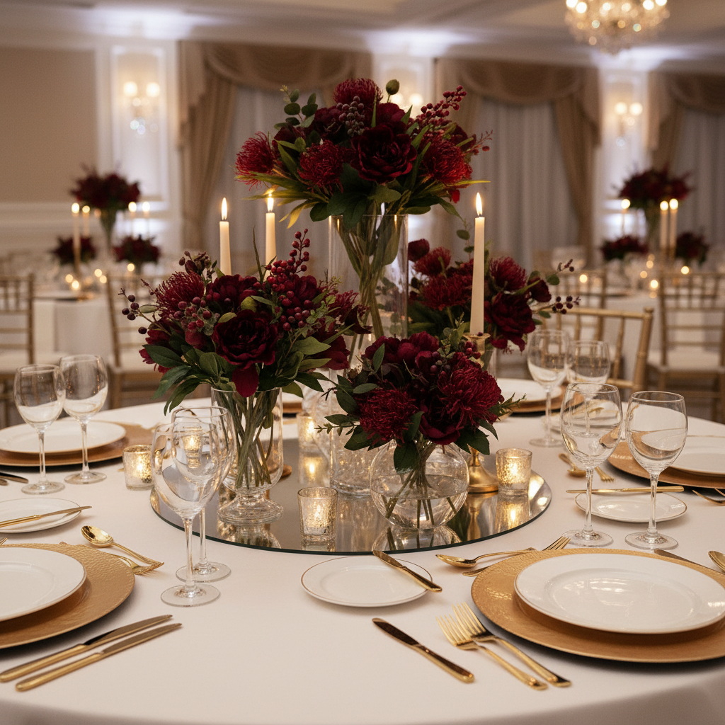 Burgundy artificial protea flowers in clear glass vases as wedding centerpieces on elegant white tablecloth with gold chargers and candlelight