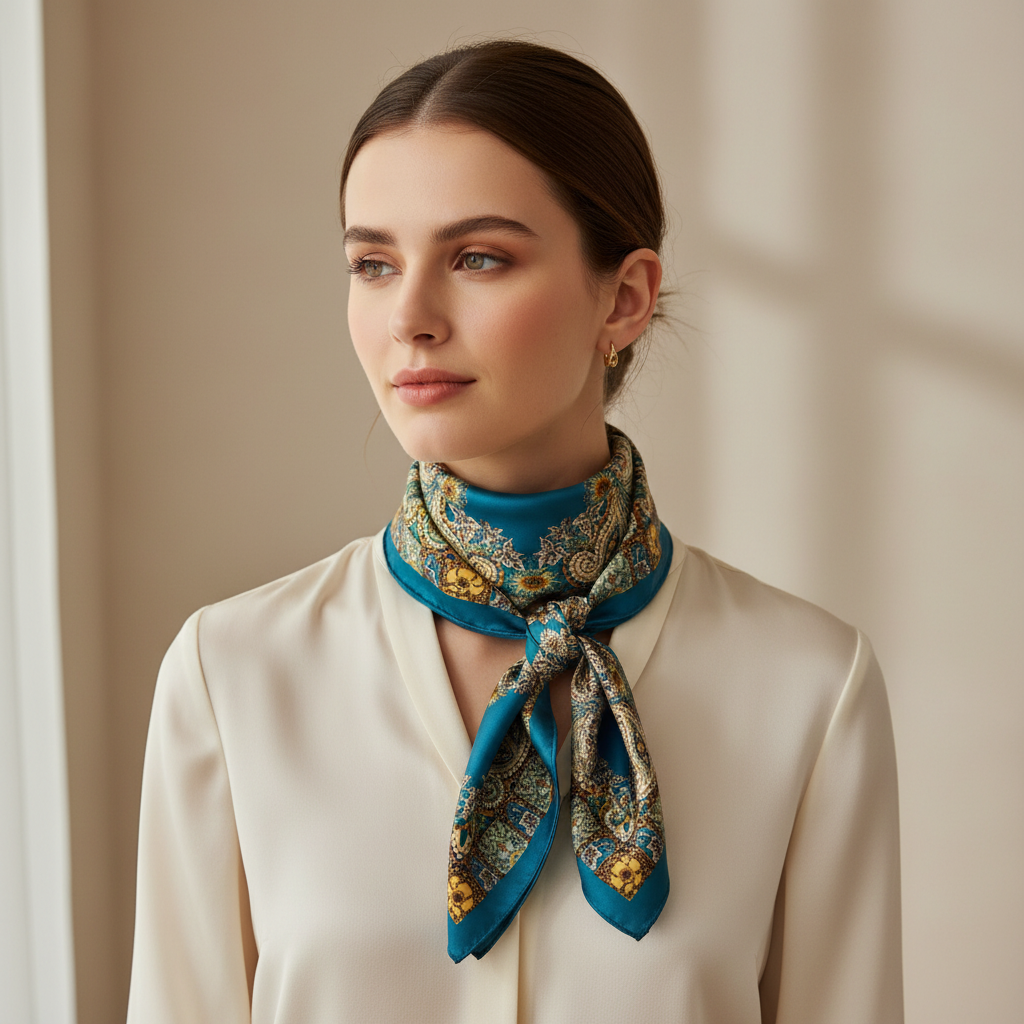 Woman wearing teal blue gold paisley floral satin scarf tied as a classic neck scarf – elegant boho designer-inspired styling