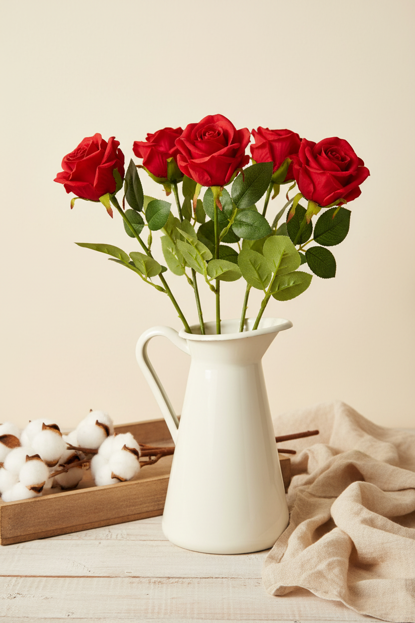 Set of 6 faux red rose stems with tight closed buds displayed in a white ceramic farmhouse pitcher on a shiplap wood surface with linen accents