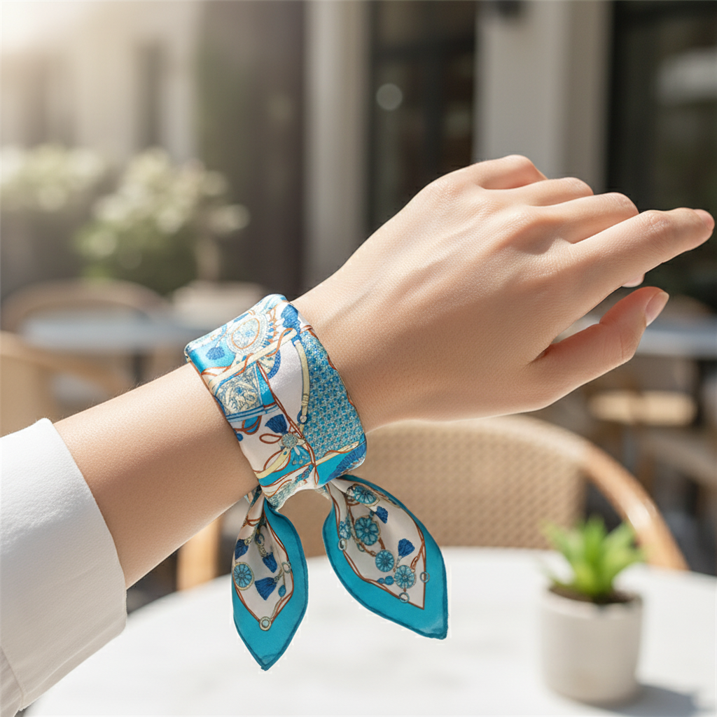 Turquoise Equestrian Patchwork Satin Scarf Wrapped as Wrist Wrap Bracelet 20x20 Square Scarf