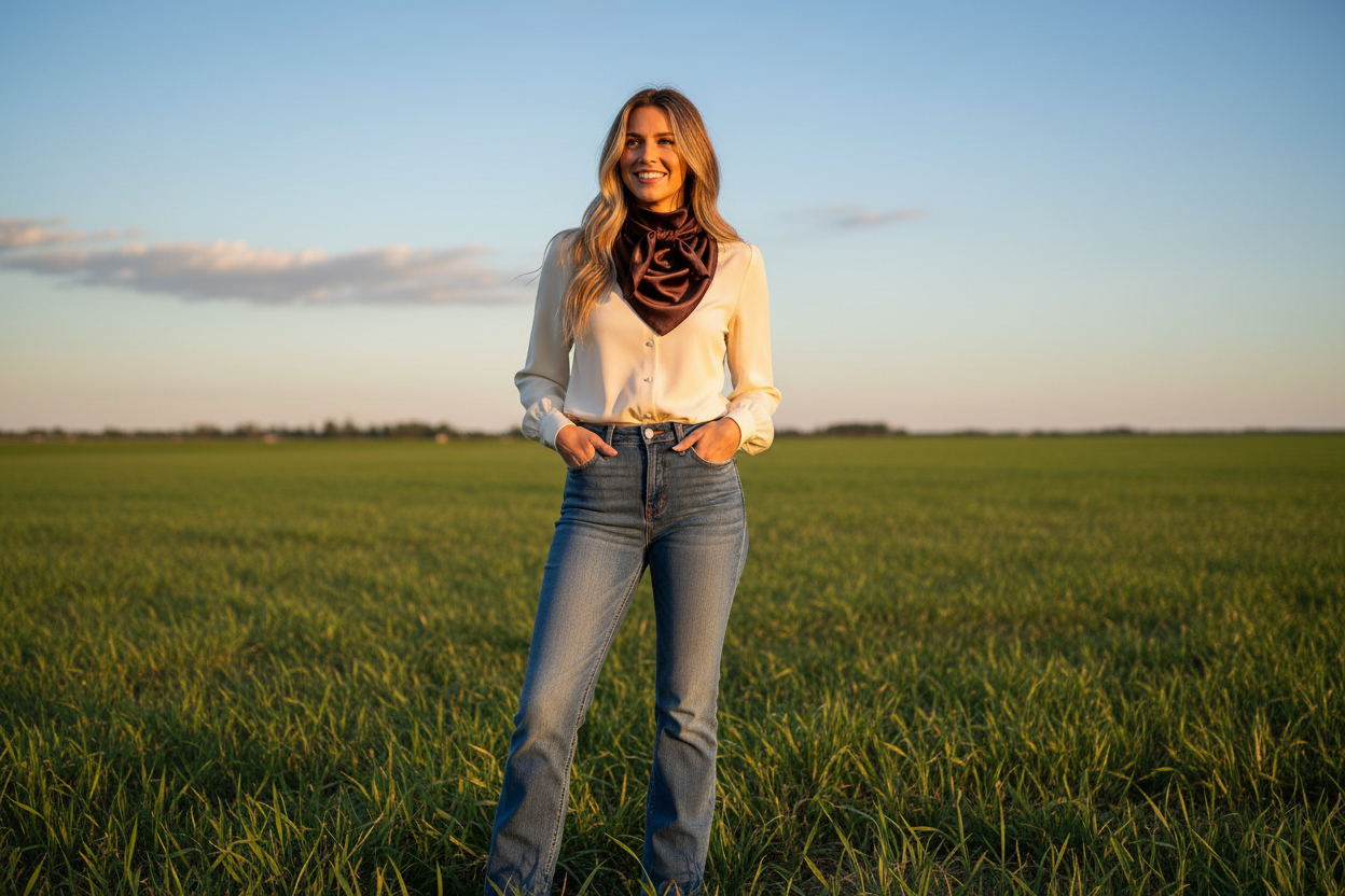 Chocolate brown wild rag at summer outdoor event with cream blouse and denim