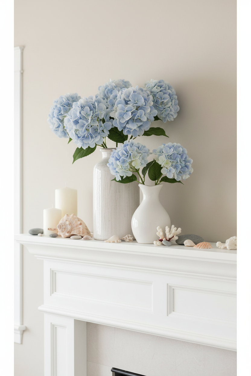 Coastal cottage mantel styled with soft blue hydrangea stems in white ceramic vases with seashells