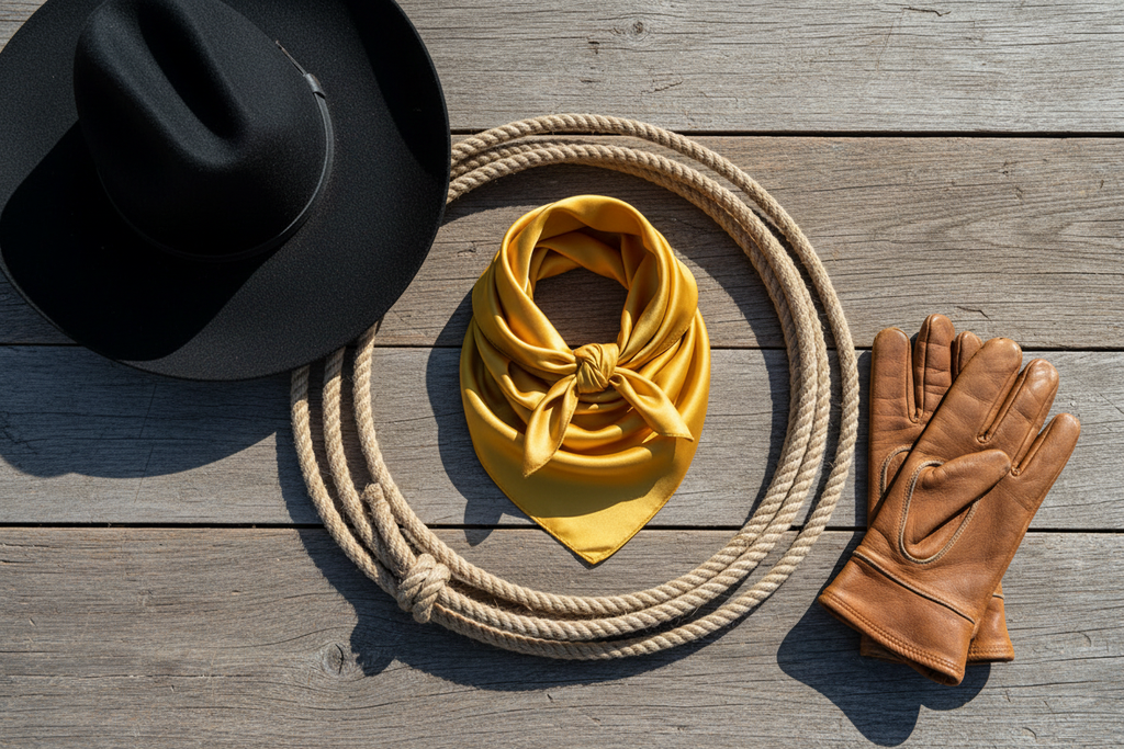 Golden yellow satin wild rag styled with black cowboy hat, leather gloves, and lasso rope, ranch wear
