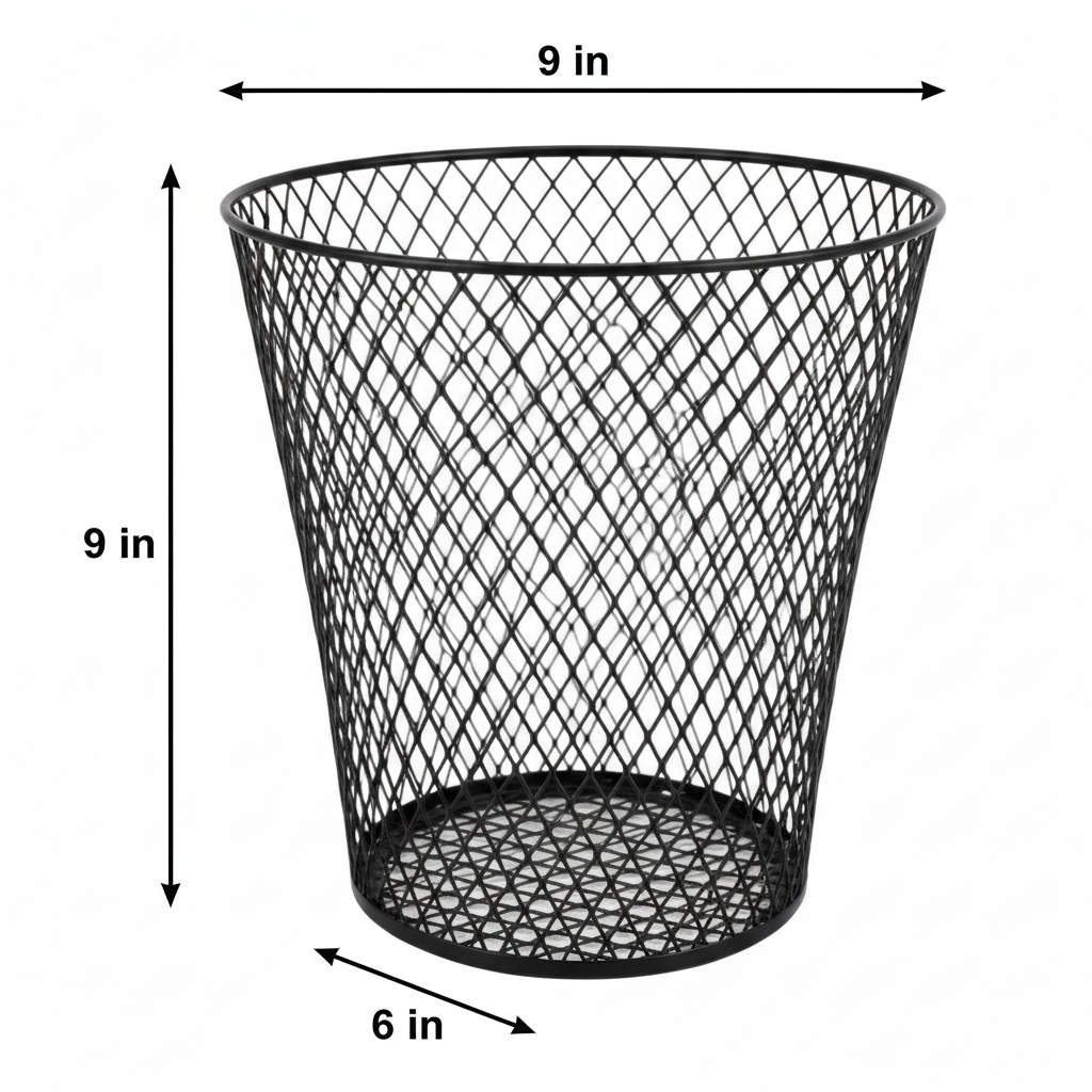 Black wire mesh basket measurement diagram showing top diameter 9 inches, height 9 inches, bottom diameter 6 inches on white background