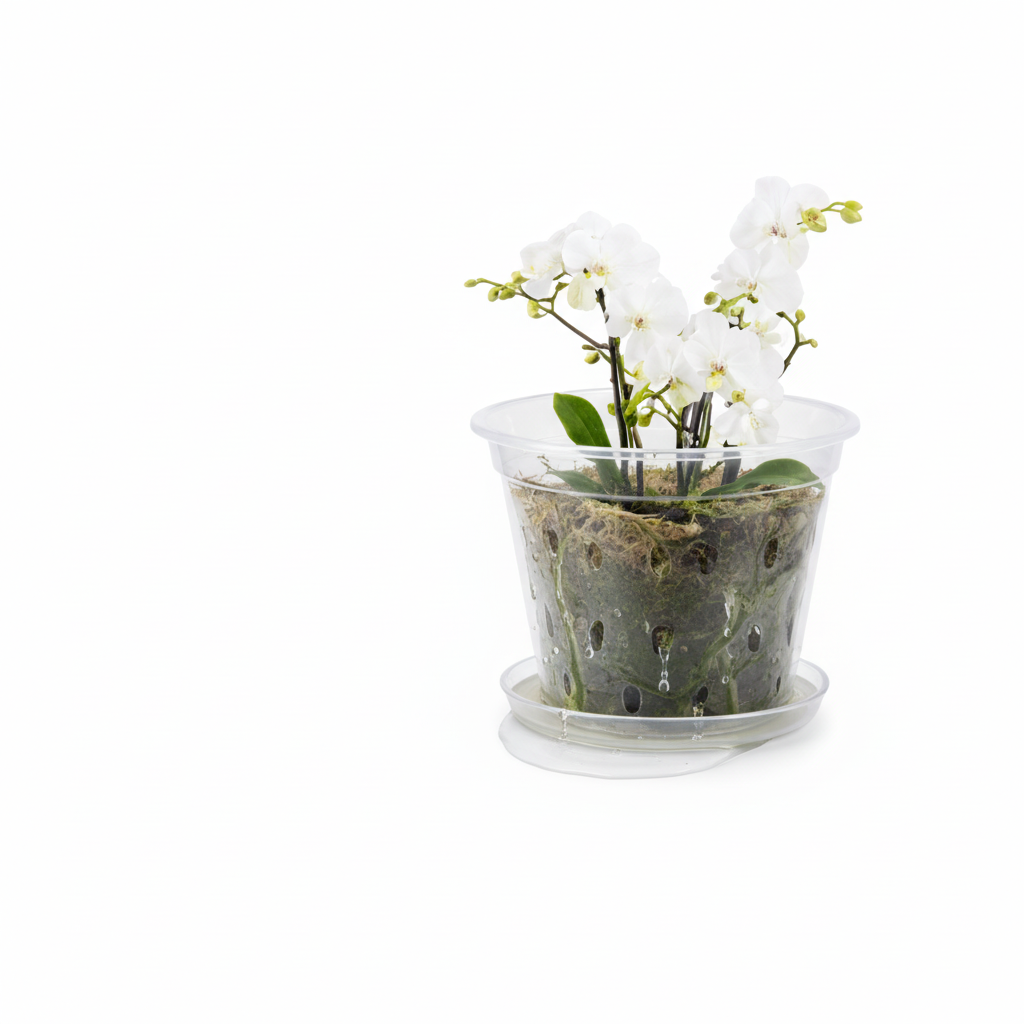 Clear orchid pot with saucer showing drainage system