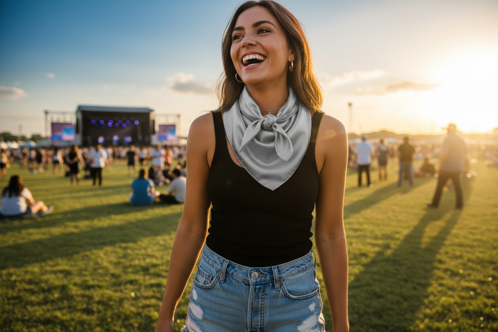 Silver gray wild rag at summer country concert with black tank and denim shorts