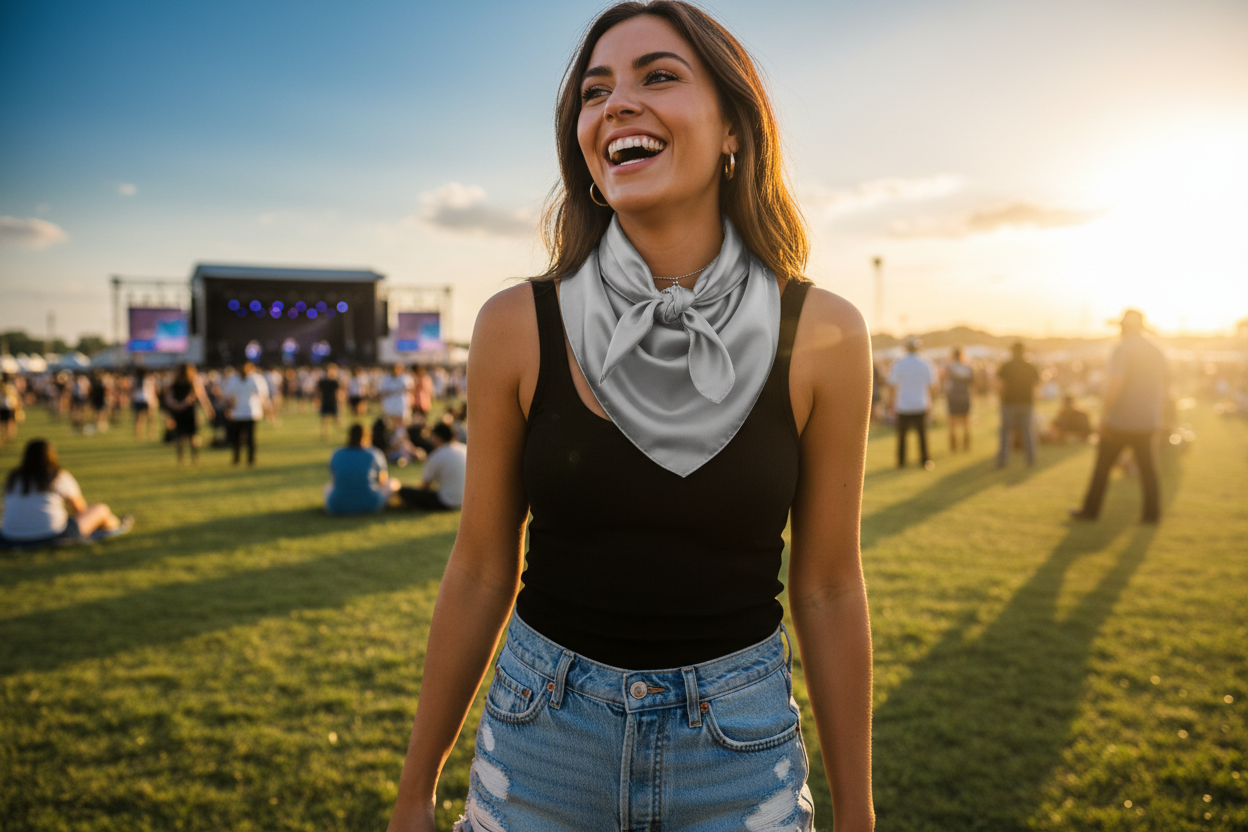 Silver gray wild rag at summer country concert with black tank and denim shorts