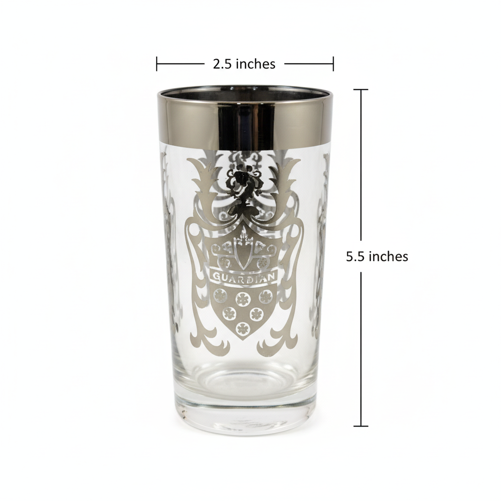 Measurement diagram of vintage Kimiko highball glass showing 2.5 inches diameter at top and 5.5 inches height with silver coat of arms design
