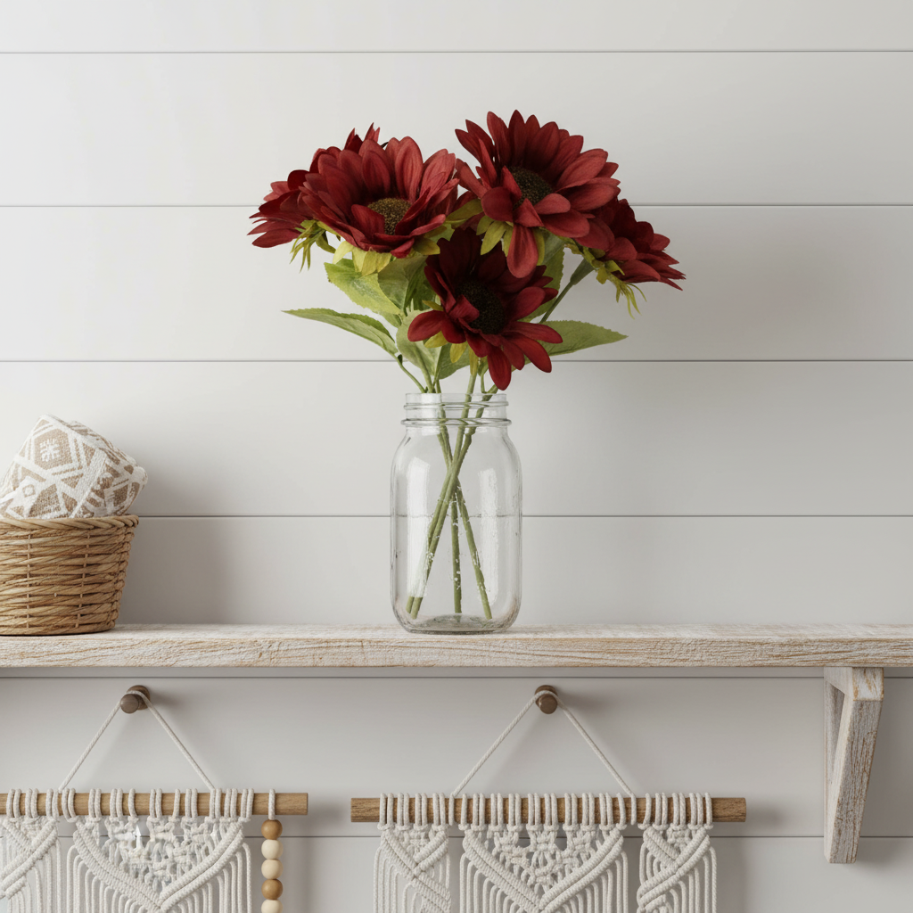 Burgundy sunflowers in mason jar on wooden shelf with white shiplap wall, modern farmhouse boho decor