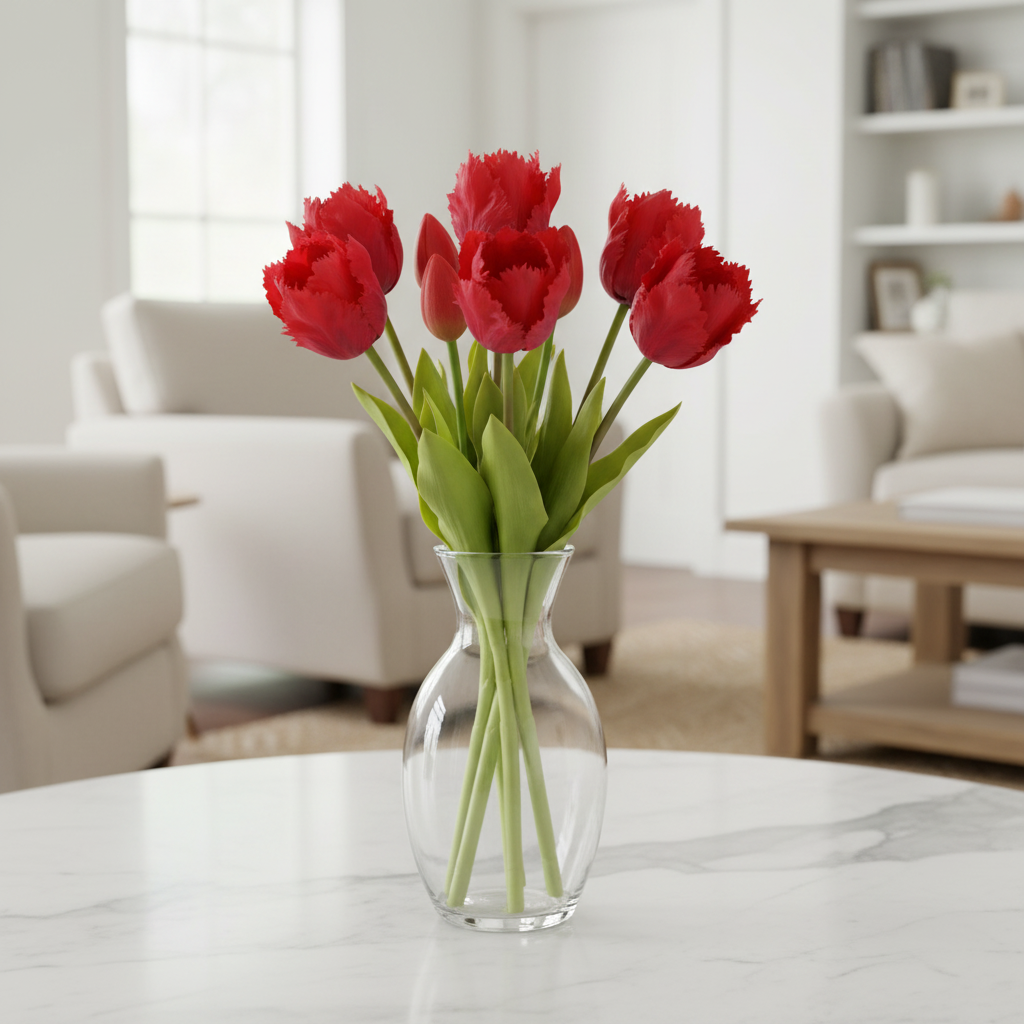Artificial Red Parrot Tulips 15 Inch Faux Silk Bouquet in Glass Vase Farmhouse Home Decor