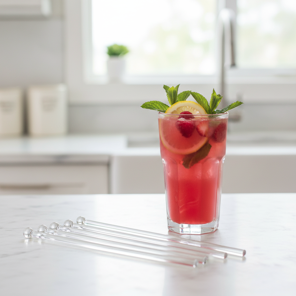6 clear glass swizzle sticks on white marble countertop next to a pink mocktail with fresh fruit garnish, lemon slices, and mint leaves