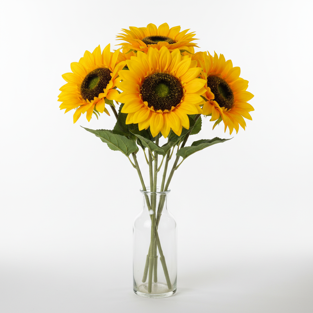 Vibrant yellow artificial sunflower bouquet with 5 stems and 5-inch blooms on white background