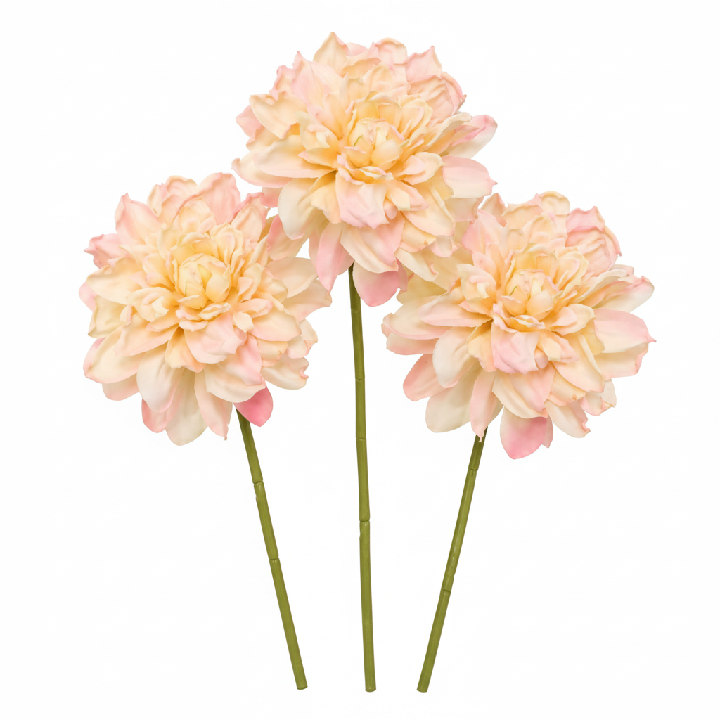 Three cream and blush artificial dahlia stems, each with one layered bloom on a leafless green stem, shown on a white background.