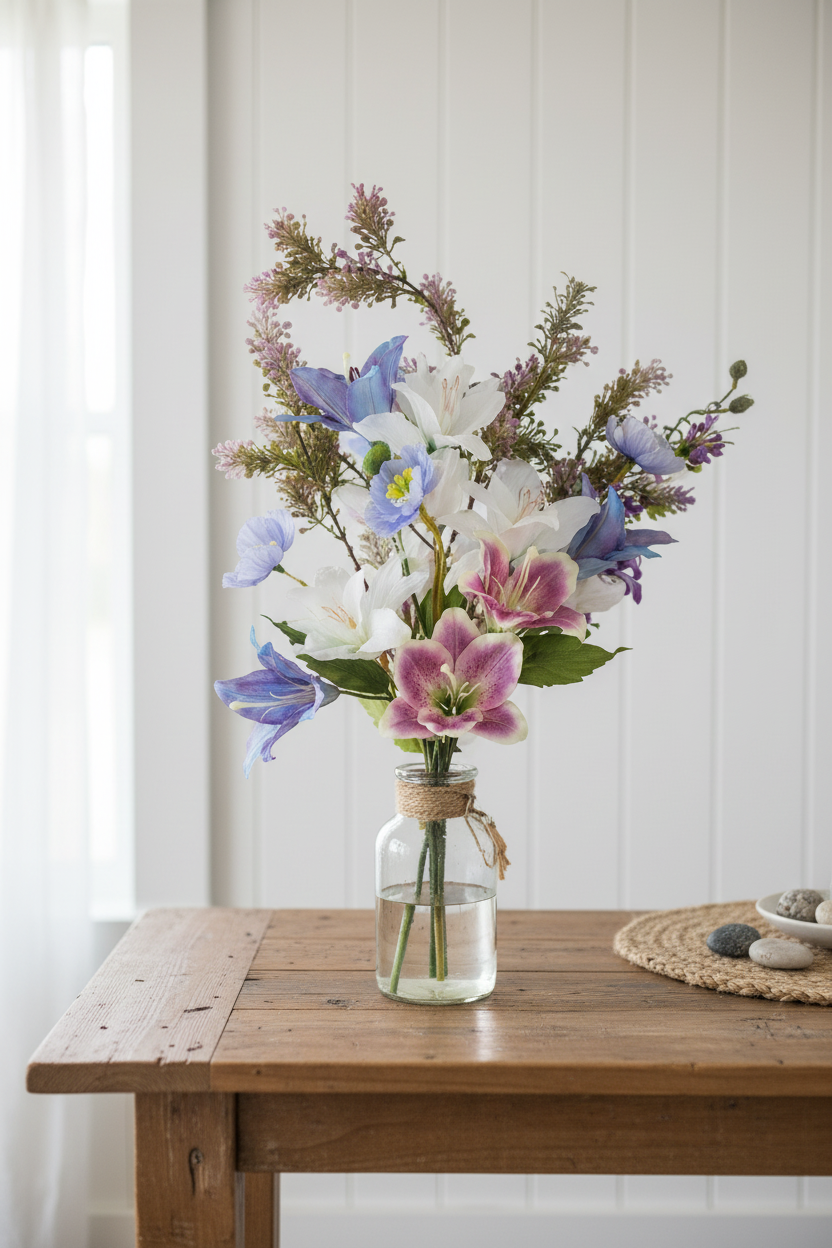 Pastel faux flower bouquet in clear glass vase on farmhouse entryway table with white shiplap wall