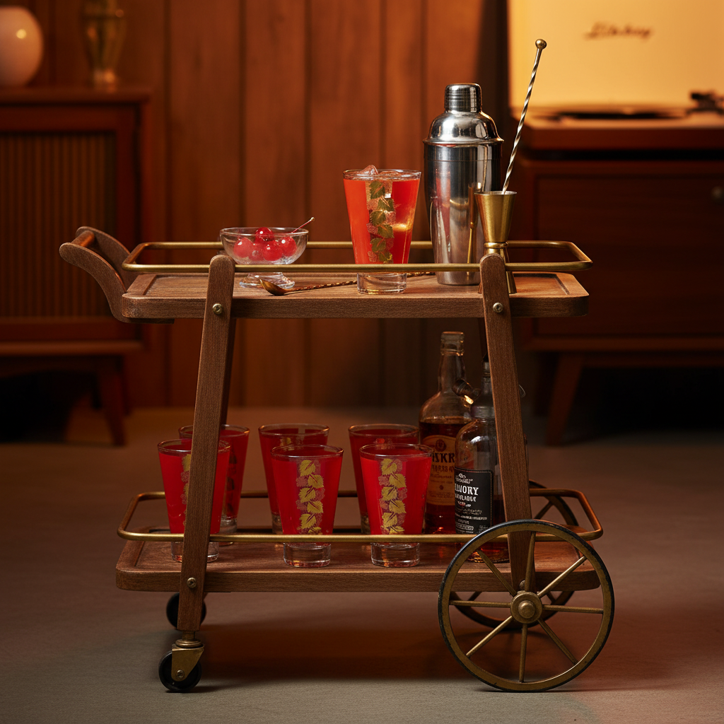 Vintage Libbey red grape leaf cocktail tumbler styled on a mid-century bar cart with cocktail and vintage barware accessories