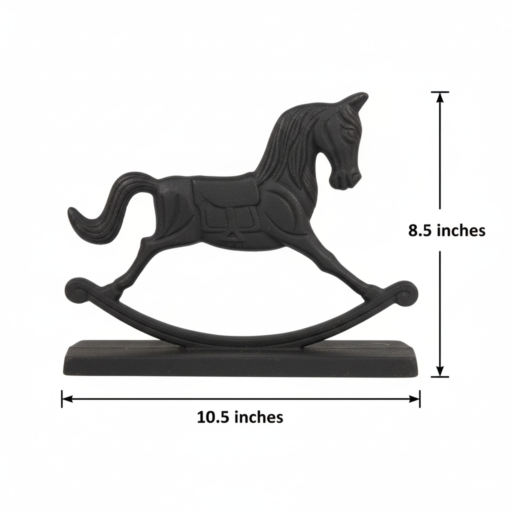 Measurement diagram of cast iron rocking horse door stop showing 10.5 inches length and 8.5 inches height