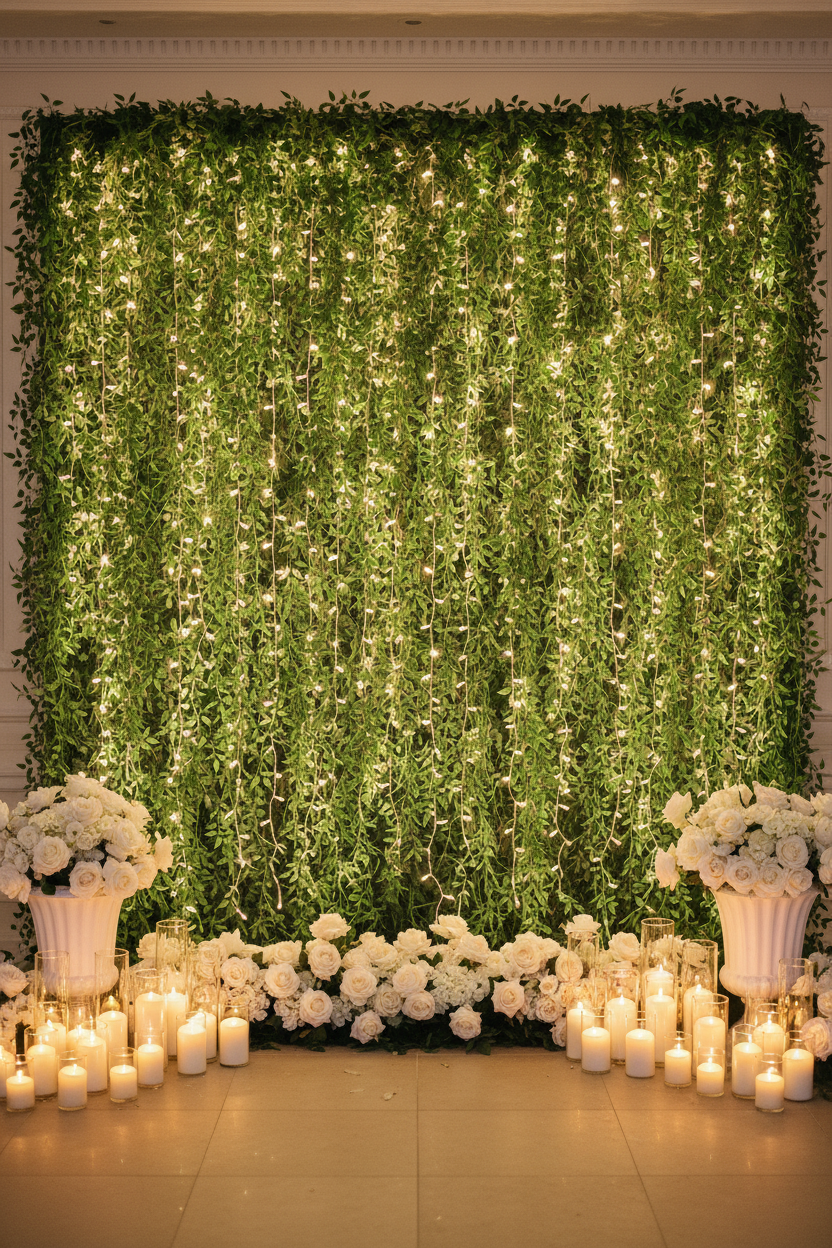 Elegant indoor wedding reception backdrop wall covered in cascading artificial greenery vines with white roses, candles, and fairy lights
