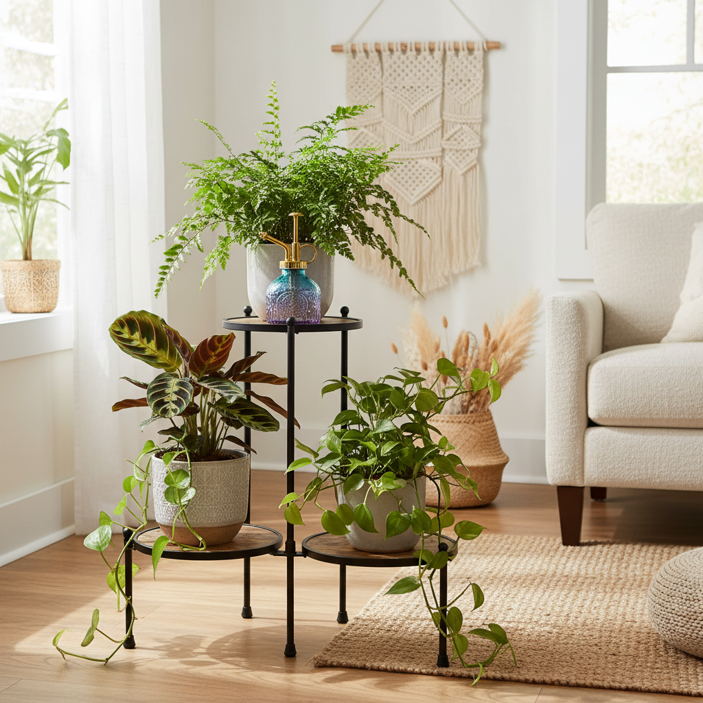 Blue purple gradient glass plant mister on tiered metal plant stand with ferns, prayer plants, and philodendrons in bohemian living room