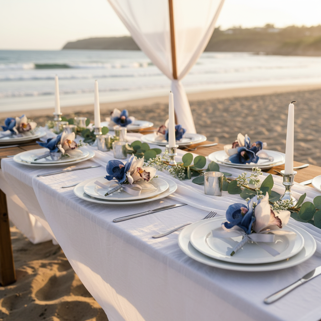 Coastal wedding tablescape with blue and ivory Cymbidium orchid corsages on white linen with silver candles and elegant place settings