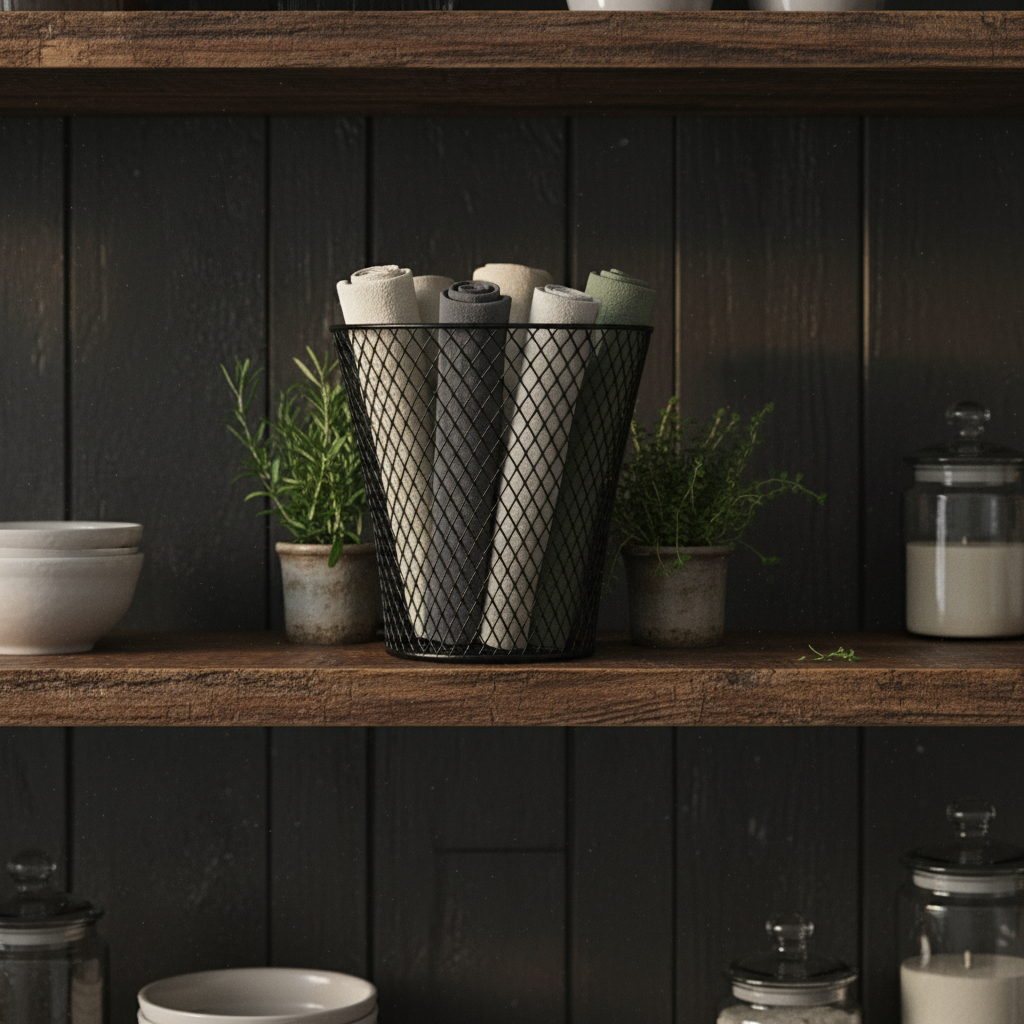 Black wire mesh basket used as rustic industrial storage on a kitchen open shelf with linen napkins and herbs