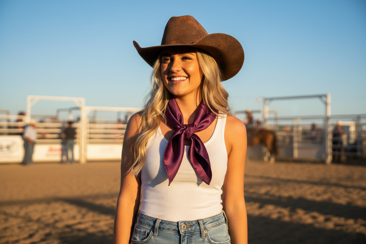 Eggplant purple wild rag at summer rodeo with blue sky, white tank top and light denim