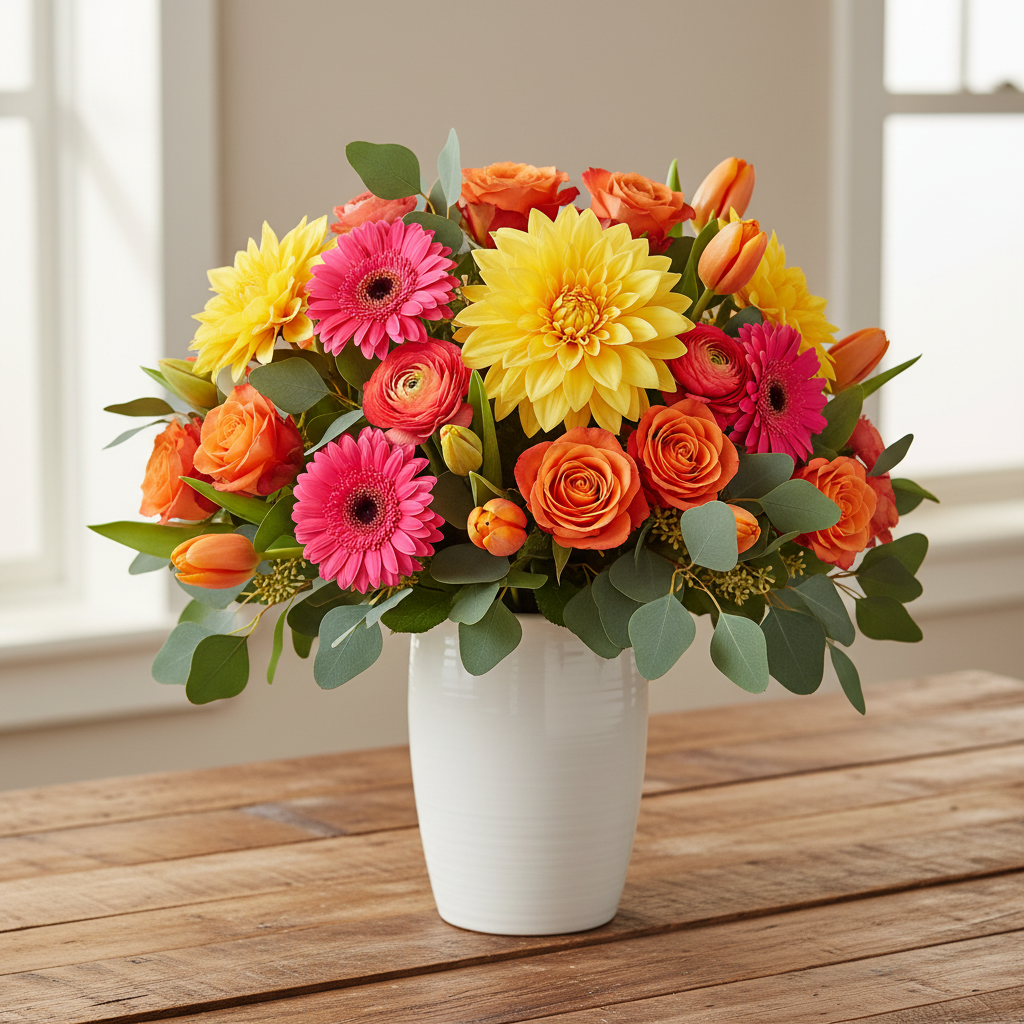 Yellow dahlia stems mixed with orange roses, hot pink gerbera daisies and coral ranunculus in white ceramic vase