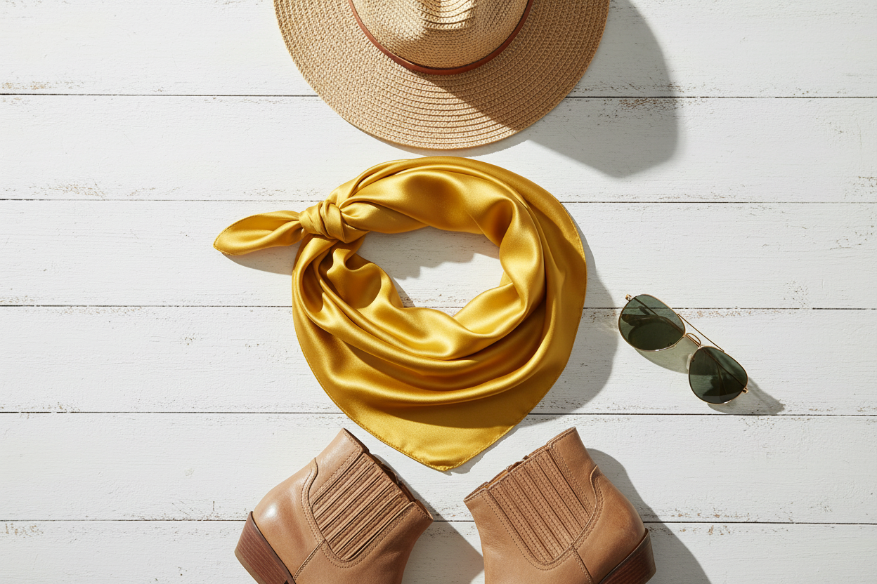 Bright gold wild rag summer flat lay with straw hat, sunglasses, and tan leather boots on white wood