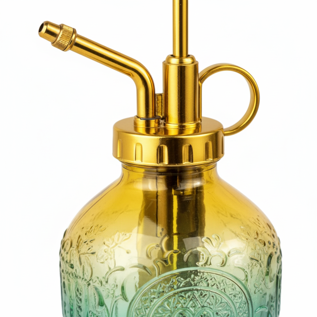 Close-up detail of green yellow gradient textured glass surface with embossed decorative pattern and gold metal spray nozzle tip