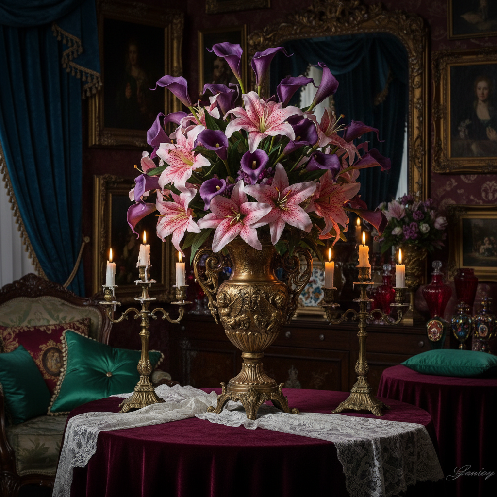 Opulent Victorian floral arrangement with artificial purple calla lilies and pink stargazer lilies in ornate gold vase with candelabras