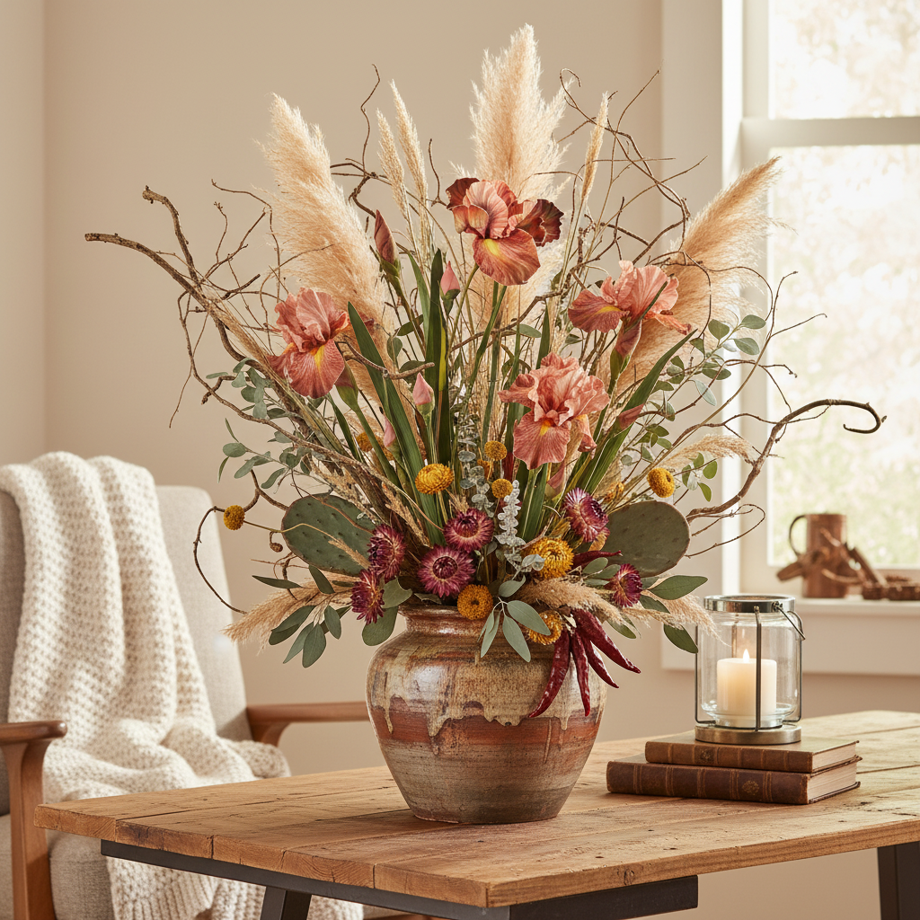 Cabin-chic floral arrangement with terracotta pink artificial iris, natural twigs, dried grasses, sage foliage, and southwestern dried flowers in rustic-elegant vase