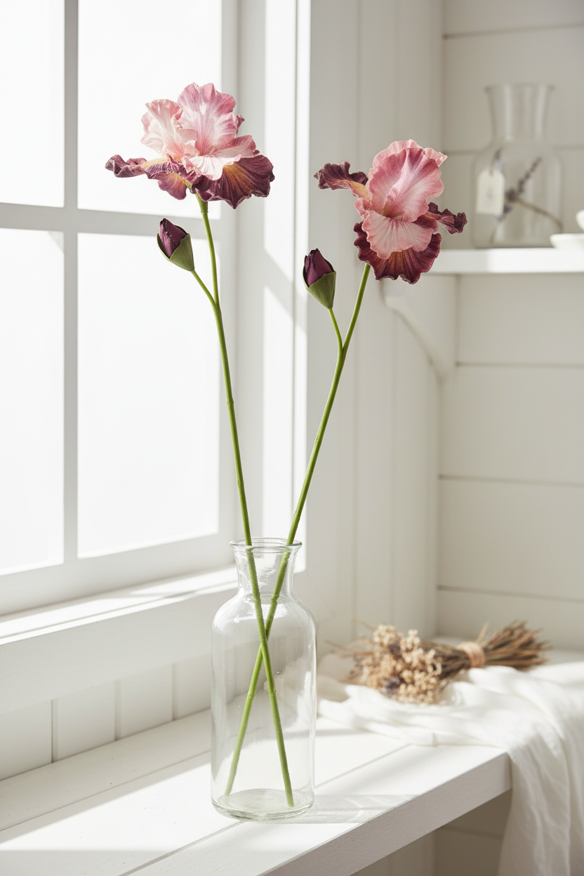 Two blush pink and plum purple real touch iris stems displayed alone in a clear glass vessel on a sunroom shelf, bright airy cottage interior