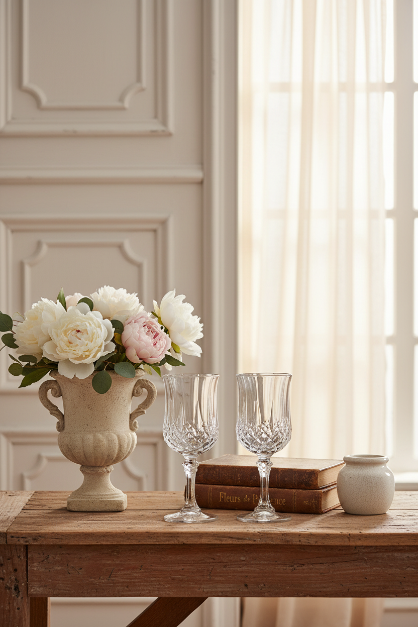 Vintage Cristal D'Arques Longchamp diamond-cut crystal wine goblets set of 2 styled in a French country vignette with soft peonies, aged stone urn, and sheer curtain window light