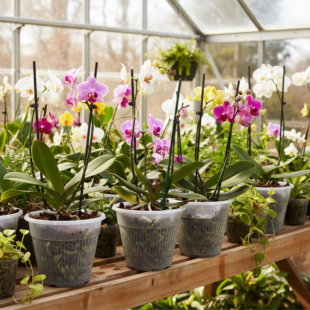 Multiple clear 6 inch slotted orchid pots with open ventilation slits on a greenhouse shelf with tropical plants